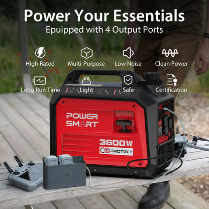 Générateur PowerSmart, équipement et équipement de camping, générateur d'onduleur portable super silencieux de 3600 watts, alimenté au gaz, prêt pour camping-car, paralys
