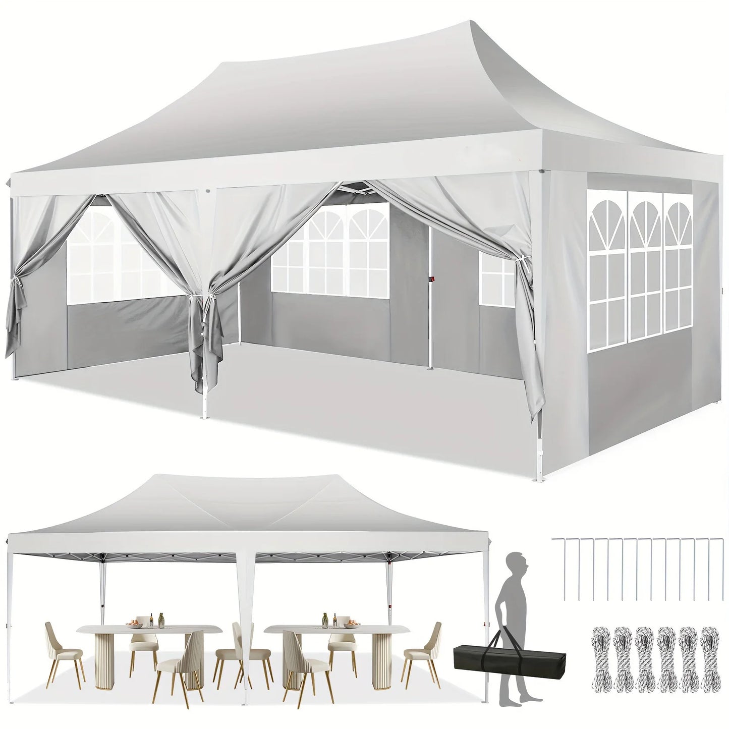 Tonnelle pliante 10x20 pieds avec 6 parois latérales, tente de réception extérieure pour fêtes, mariages, usage commercial, auvent pare-soleil avec sac de transport