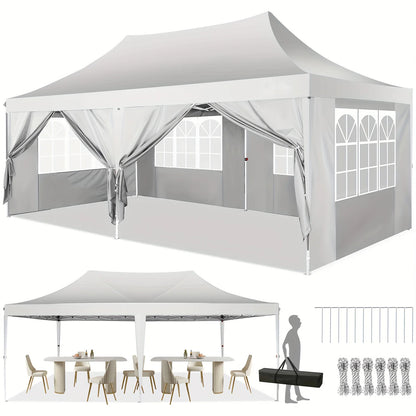 Tonnelle pliante 10x20 pieds avec 6 parois latérales, tente de réception extérieure pour fêtes, mariages, usage commercial, auvent pare-soleil avec sac de transport
