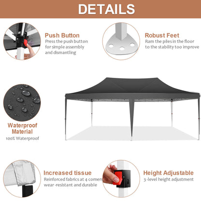 Tonnelle pliante 10x20 pieds avec 6 parois latérales, tente de réception extérieure pour fêtes, mariages, usage commercial, auvent pare-soleil avec sac de transport