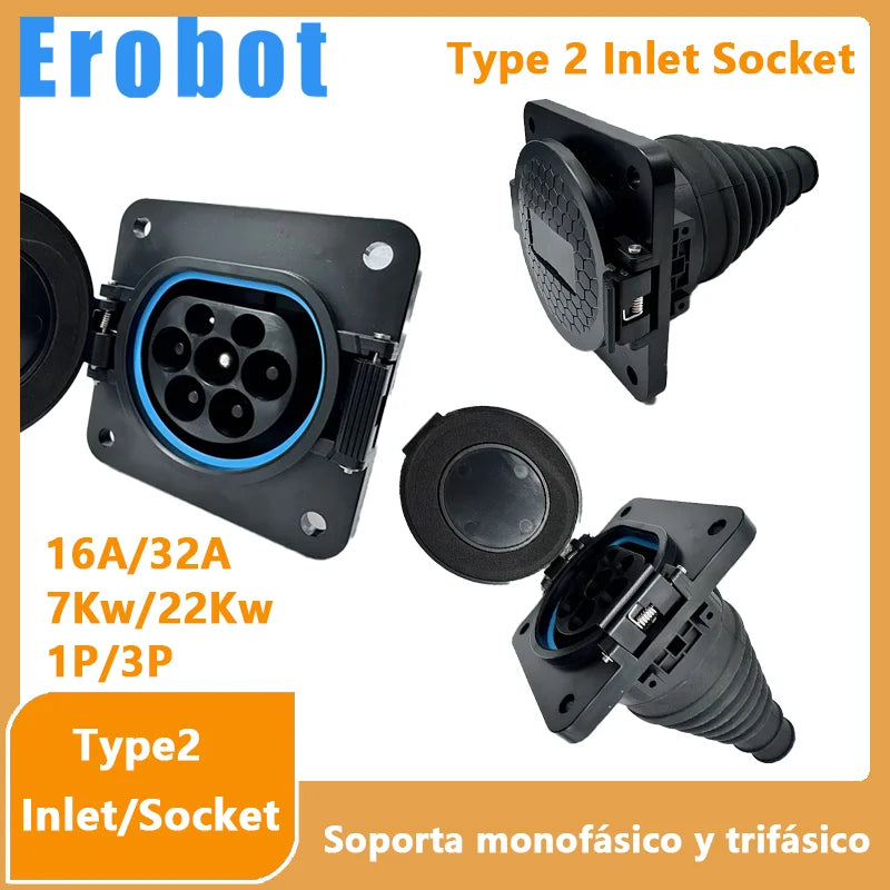 Erobot véhicule électrique voitures charge Evse Type 2 prises d'entrée EV 16A-32A 1P 3 phases pour IEC 62196-2 EV chargeur adaptateur prise
