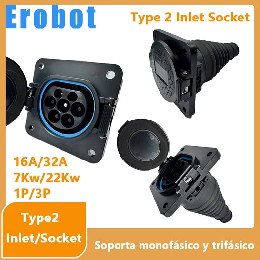 Erobot véhicule électrique voitures charge Evse Type 2 prises d'entrée EV 16A-32A 1P 3 phases pour IEC 62196-2 EV chargeur adaptateur prise