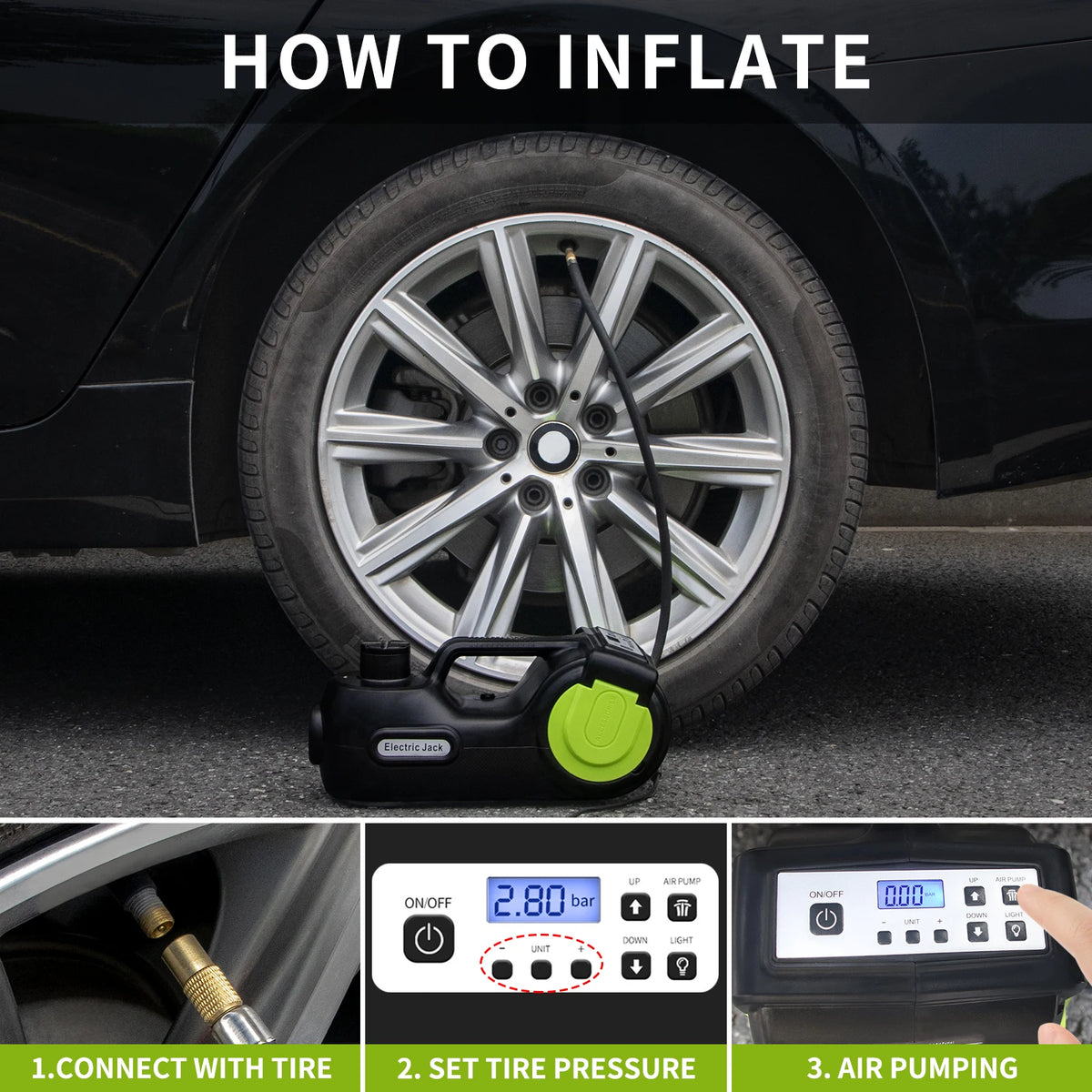 Cric Électrique 12V 5T Auto avec Lampe de Poche à LED et Pompe à Air H-155-450 /155-530 mm