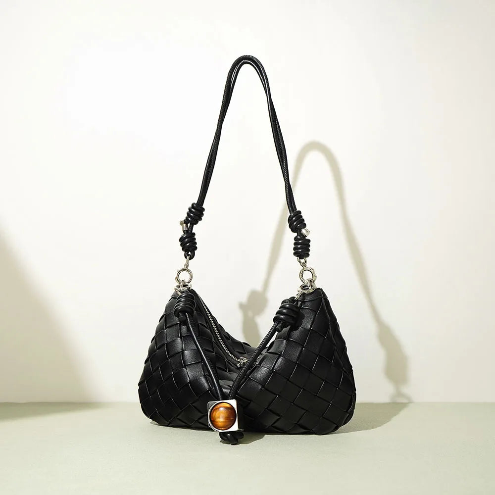 Custom Large Capacity Woven Cowhide Leather Tote Handbag for Women Luxury Portable Zipper Closure Shoulder Bag