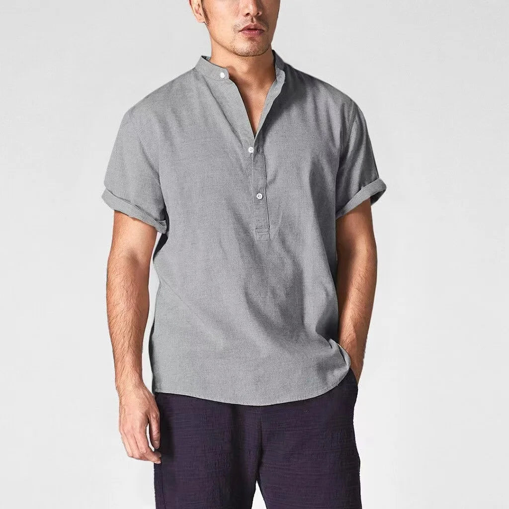 6872-SKAZI-Logo Short Sleeve Cotton Plus Size Casual Button up Men Linen Shirt