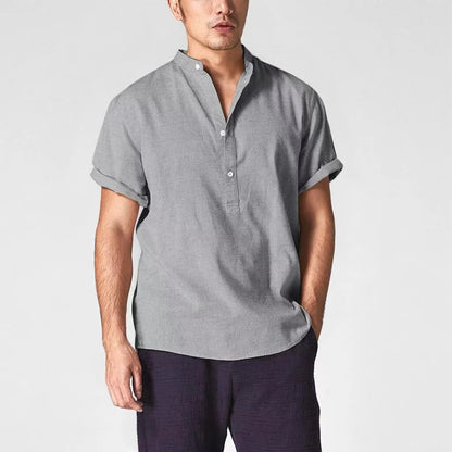 TTT-10047-T-Logo Short Sleeve Cotton Plus Size Casual Button Up Men Linen Shirt