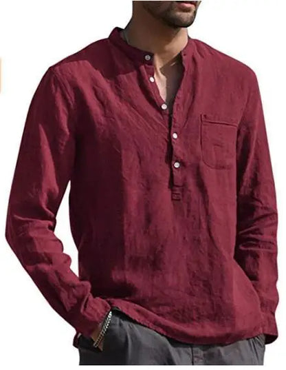 Men's Cotton Linen Casual Long Sleeve T-Shirt Plus Size Stand Collar Streetwear for Autumn Vacation & Fishing Pocket Detail