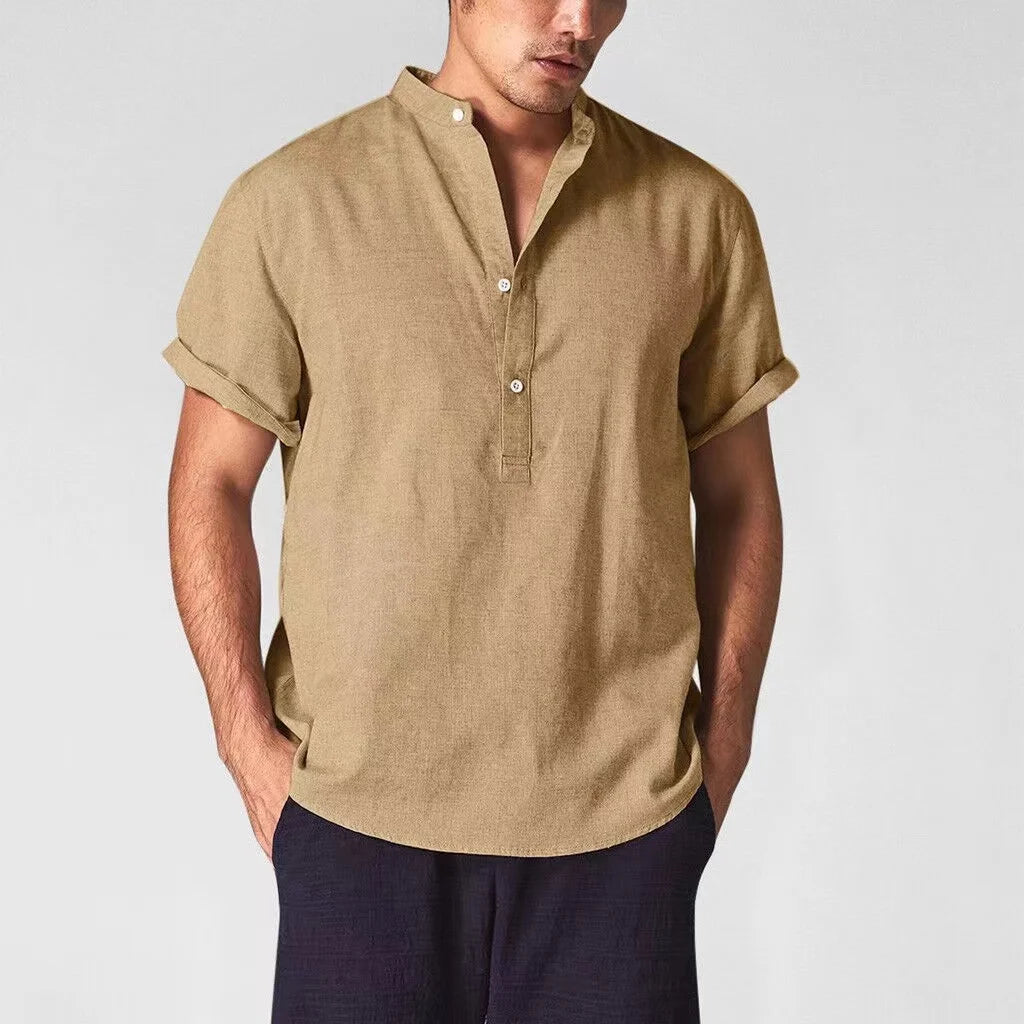 TTT-10047-T-Logo Short Sleeve Cotton Plus Size Casual Button Up Men Linen Shirt