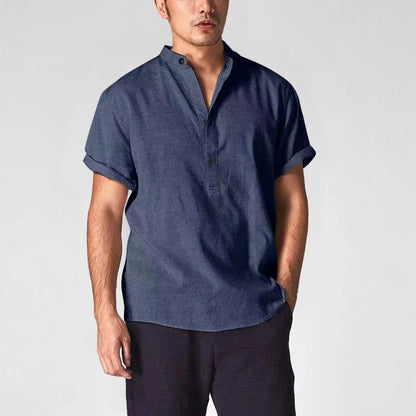 6872-SKAZI-Logo Short Sleeve Cotton Plus Size Casual Button up Men Linen Shirt