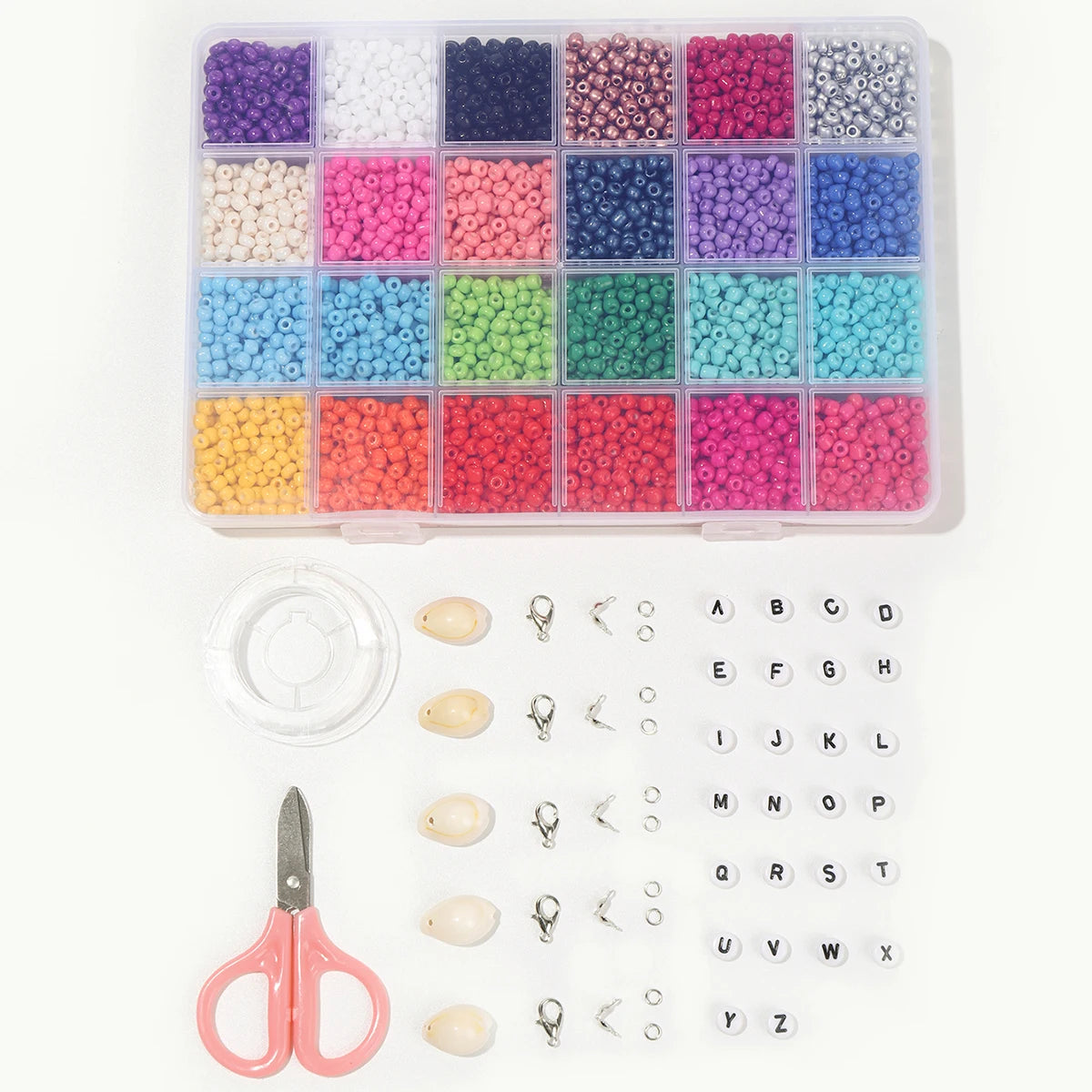 24 Color Glass Rice Beads Kit DIY Jewelry Accessories With Alphabet Beads Elastic Thread Scissor Jump Ring and Lobster Clasps