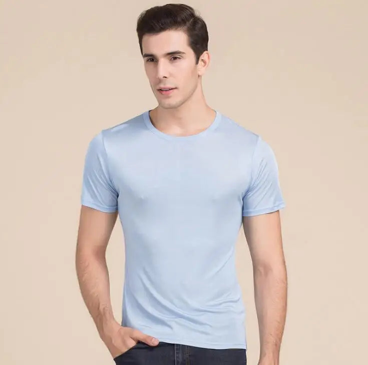 T-shirt ras du cou à manches courtes pour homme, vêtements de nuit, 50% soie, 50% Viscose, SG201