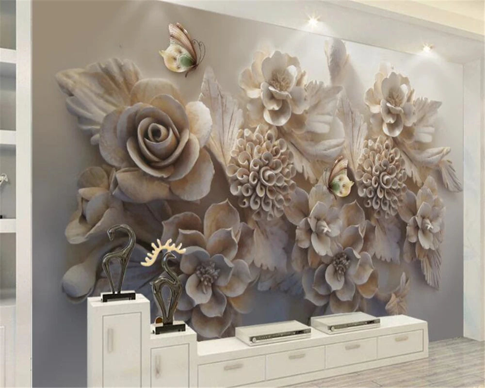Beibehang – papier peint 3d personnalisé, grand tissu de soie, relief tridimensionnel, fleur et papillon, arrière-plan de télévision