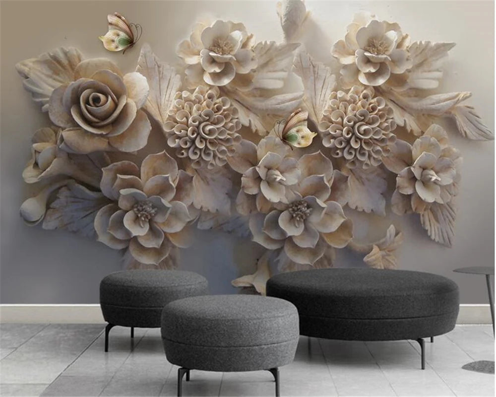 Beibehang – papier peint 3d personnalisé, grand tissu de soie, relief tridimensionnel, fleur et papillon, arrière-plan de télévision
