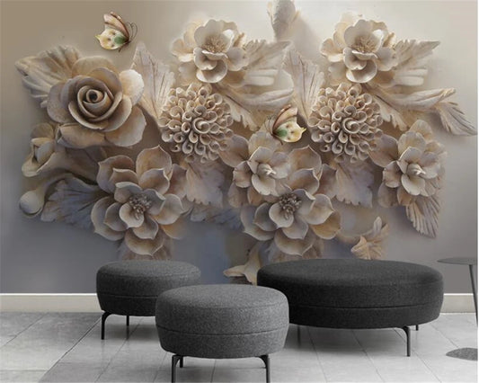 Beibehang – papier peint 3d personnalisé, grand tissu de soie, relief tridimensionnel, fleur et papillon, arrière-plan de télévision