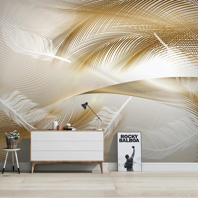 Papier peint d'art moderne 3D plumes dorées lignes abstraites Photo murale salon TV canapé chambre décor à la maison Papel De Parede 3D