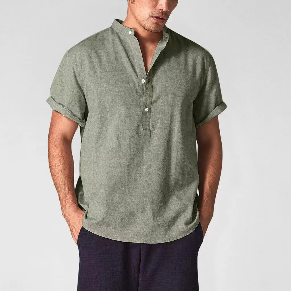 TTT-10047-T-Logo Short Sleeve Cotton Plus Size Casual Button Up Men Linen Shirt
