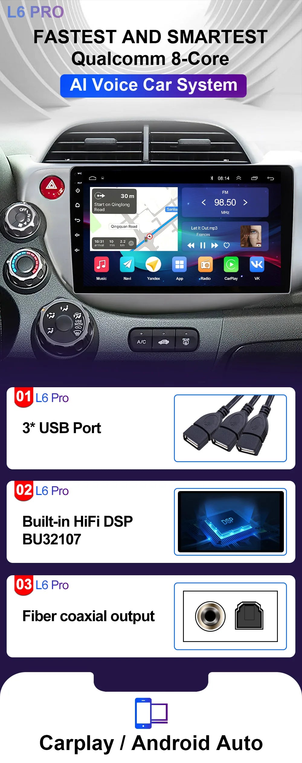 LEHX-Autoradio L6 Pro Android 14, 4G, Carplay, DVD, Stéréo, 2 DIN, Unité Centrale, Limitation GPS, pour Voiture HONDA FIT JAZZ (2007-2013)
