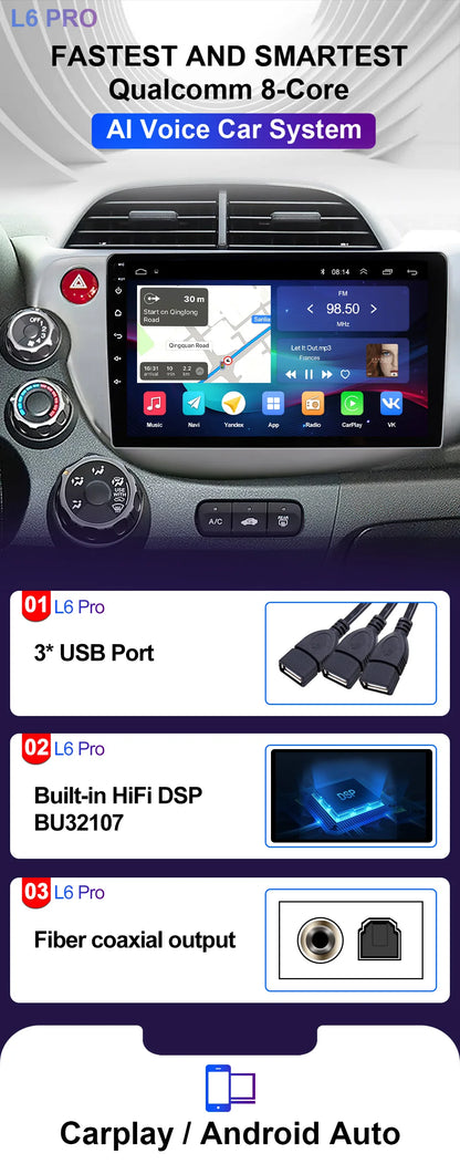 LEHX-Autoradio L6 Pro Android 14, 4G, Carplay, DVD, Stéréo, 2 DIN, Unité Centrale, Limitation GPS, pour Voiture HONDA FIT JAZZ (2007-2013)