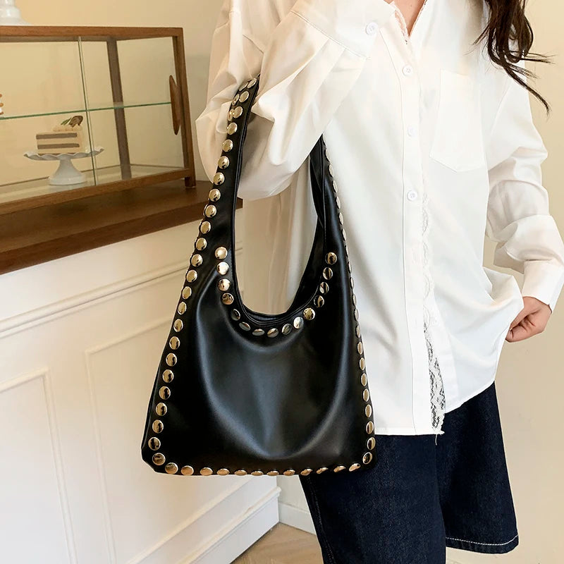 Luxury Design Bag Portable Womens Tote Bag Large Capacity Ladies Handbag Rivet Pu Soft Leather Shoulder Bag