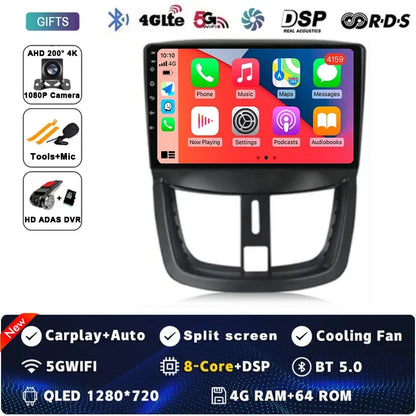 Autoradio Android 15 pour Peugeot 207 CC 207CC 2006 - 2015 sans fil Carplay Android Auto stéréo lecteur multimédia WiFi 4G 2 Din