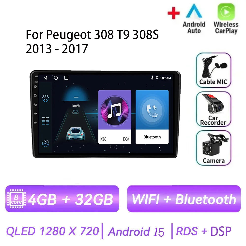 Android 15 pour Peugeot 308 T9 308S 2013 - 2017 Auto stéréo autoradio lecteur multimédia Navigation GPS 4G WIFI sans fil Carplay
