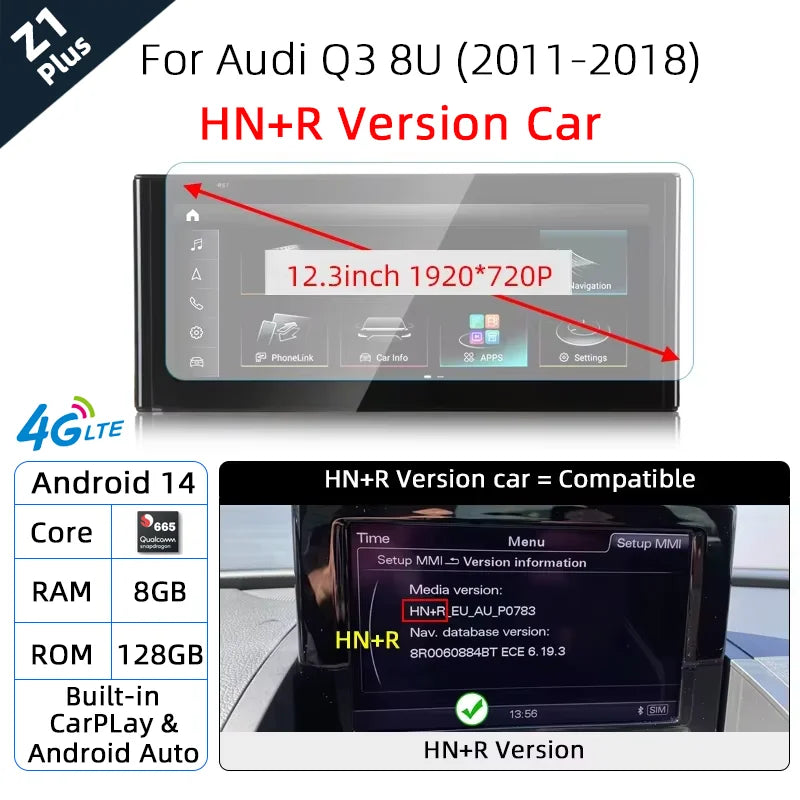 Android 14 sans fil CarPlay pour Audi Q3 8U 2011-2018 écran tactile Navigation WiFi DSP multimédia lecteur Radio accessoires