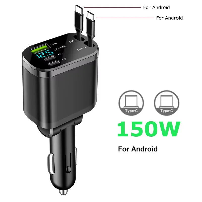 Chargeur de voiture 150W PD30W, adaptateur allume-cigare de voiture, affichage de la tension avec câble rétractable, chargeur rapide 22.5W pour IOS Android