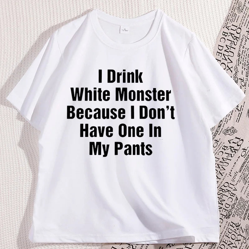 تي شيرت رجالي "I Drink White Monster" ملابس قطنية بأكمام قصيرة تي شيرت مضحك رسومات ملابس الشارع قطن ملابس كبيرة الحجم