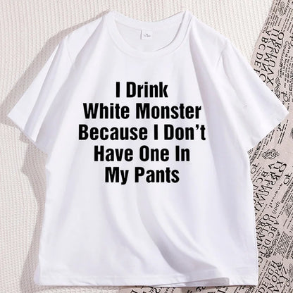 تي شيرت رجالي "I Drink White Monster" ملابس قطنية بأكمام قصيرة تي شيرت مضحك رسومات ملابس الشارع قطن ملابس كبيرة الحجم