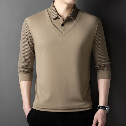 Polo à manches longues pour hommes, décontracté et à la mode, couleur unie, faux deux pièces, Business, toutes saisons, haut polyvalent, nouvelle collection 2025
