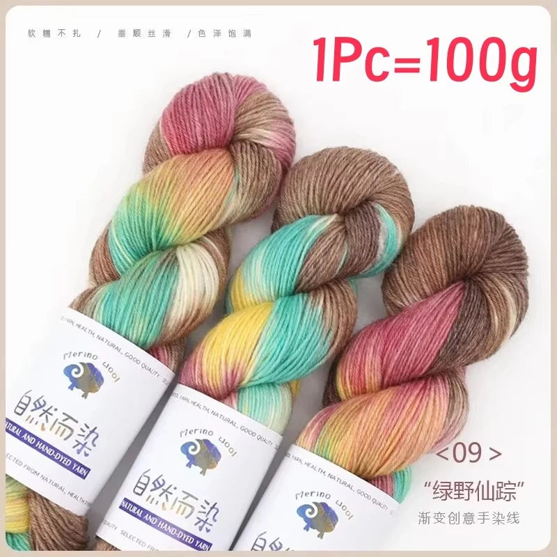 Rouleau de fil de laine mérinos, 100g/rouleau, teint à la main, doux, pour pull, écharpe, chapeau, tissé, fil arc-en-ciel pour bébé, 270M, 1 pièce