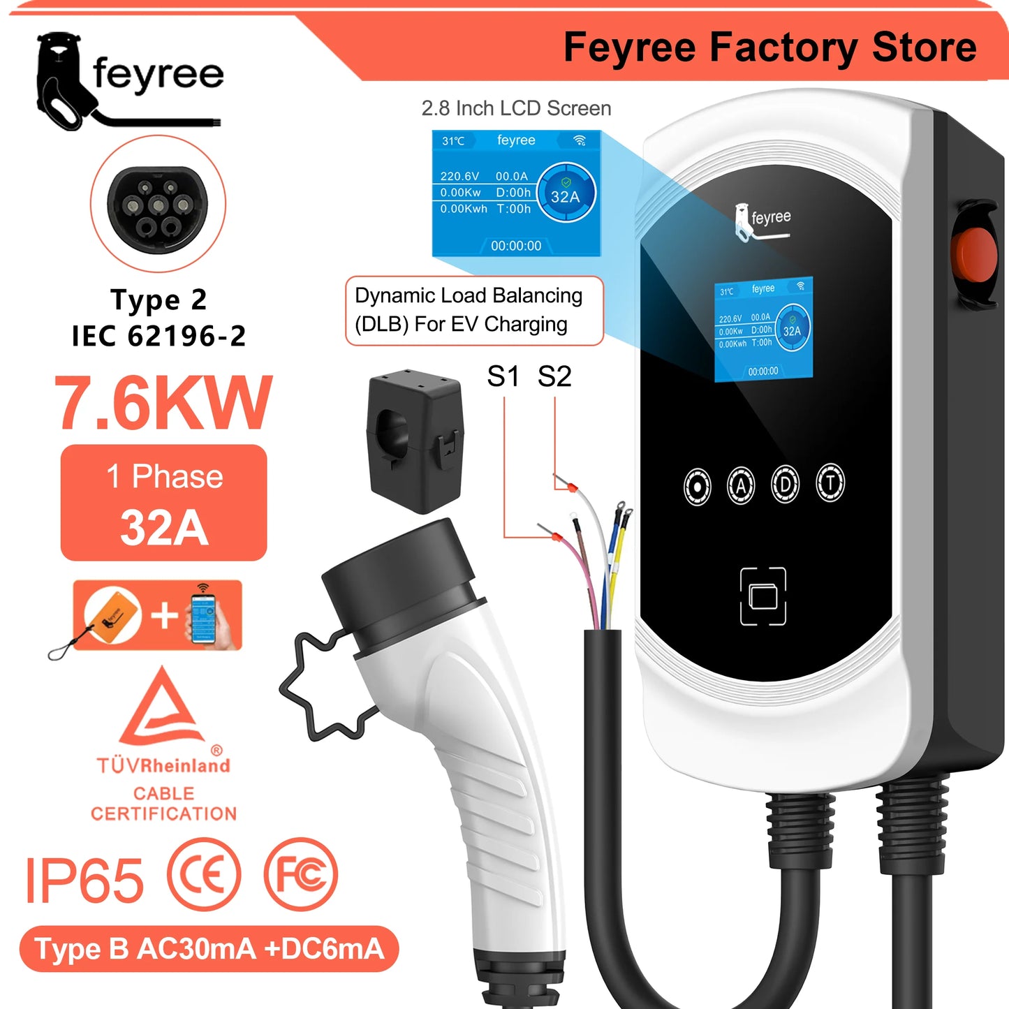 شاحن Feyree EV كابل من النوع 2 32 أمبير 7.6 كيلو واط موازنة شحن ديناميكية EVSE Wallbox وظيفة التطبيق 11 كيلو واط 22 كيلو واط محطة شحن سيارة كهربائية