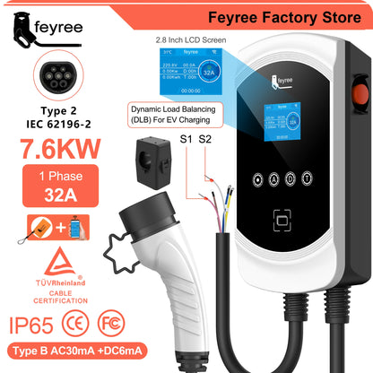 شاحن Feyree EV كابل من النوع 2 32 أمبير 7.6 كيلو واط موازنة شحن ديناميكية EVSE Wallbox وظيفة التطبيق 11 كيلو واط 22 كيلو واط محطة شحن سيارة كهربائية