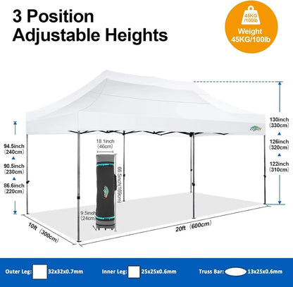 Tente Pop-Up 10x20 pieds avec 6 parois latérales, sac de transport, roulettes, blanche, imperméable, robuste, pour événements commerciaux, fêtes en extérieur, jardin, gazebo