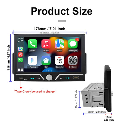 Hippcron autoradio 1 Din sans fil Android Auto Carplay MP5 stéréo 7 "écran IPS Bluetooth lien miroir type-c charge universelle