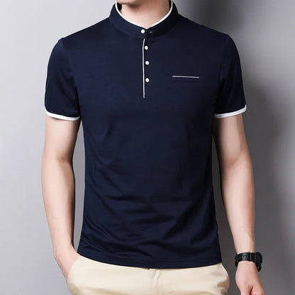 2025 nouveaux hommes décontracté et à la mode couleur unie à manches courtes col montant T-shirt été polyvalent et confortable haut