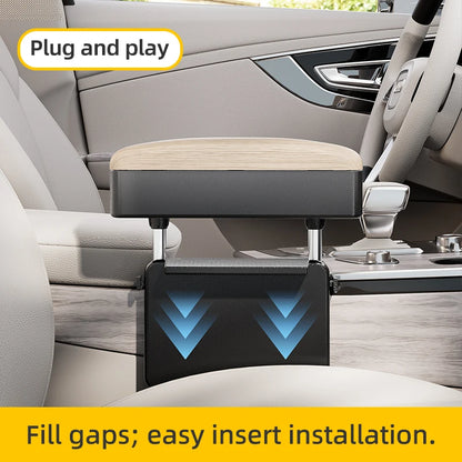 Accoudoir de siège auto - Boîte de rangement réglable pour voiture, en cuir PU motif bois, avec plaque de fixation ABS et piliers de support métalliques