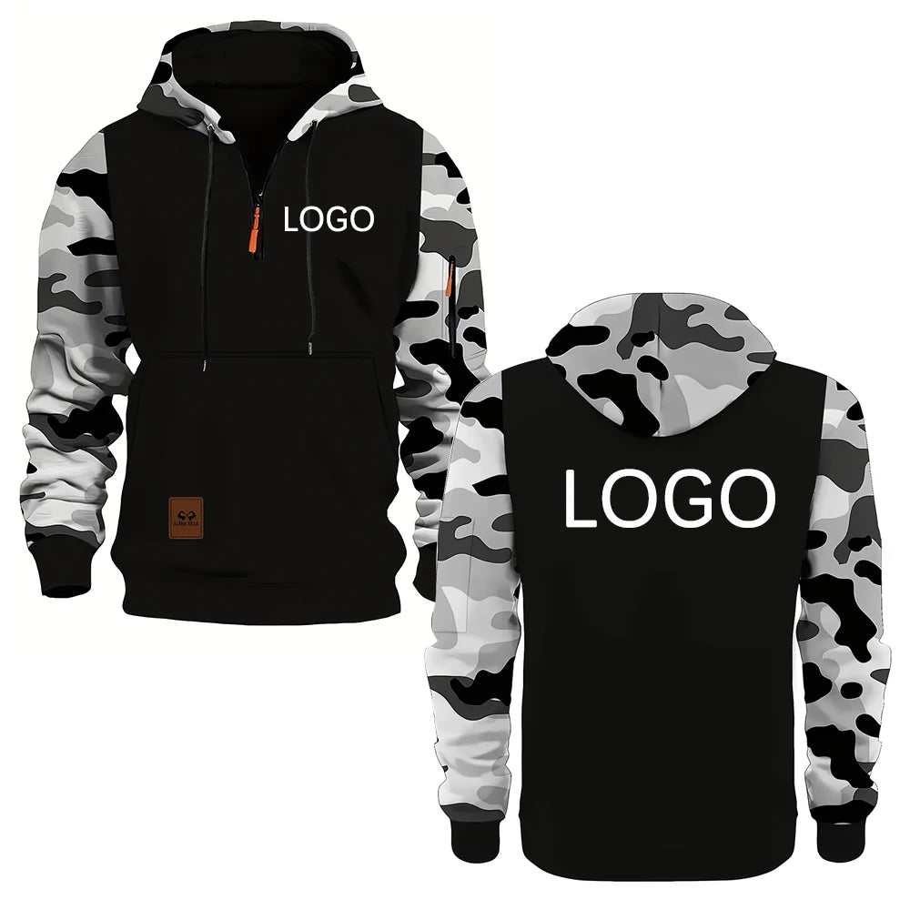 Personnalisez votre logo, sweats à capuche pour hommes, sweat-shirts à panneaux camouflage, embellissements à fermeture éclair tendance, streetwear, cadeaux personnalisés pour hommes