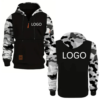 Personnalisez votre logo, sweats à capuche pour hommes, sweat-shirts à panneaux camouflage, embellissements à fermeture éclair tendance, streetwear, cadeaux personnalisés pour hommes