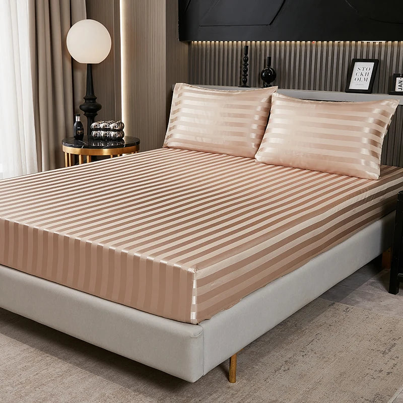 Satin-injFitted-طقم ملاءات سرير كوين، رمادي، ناعم، مبرد، جيب عميق، أطقم مفروشات، مخطط، سادة، غطاء مرتبة