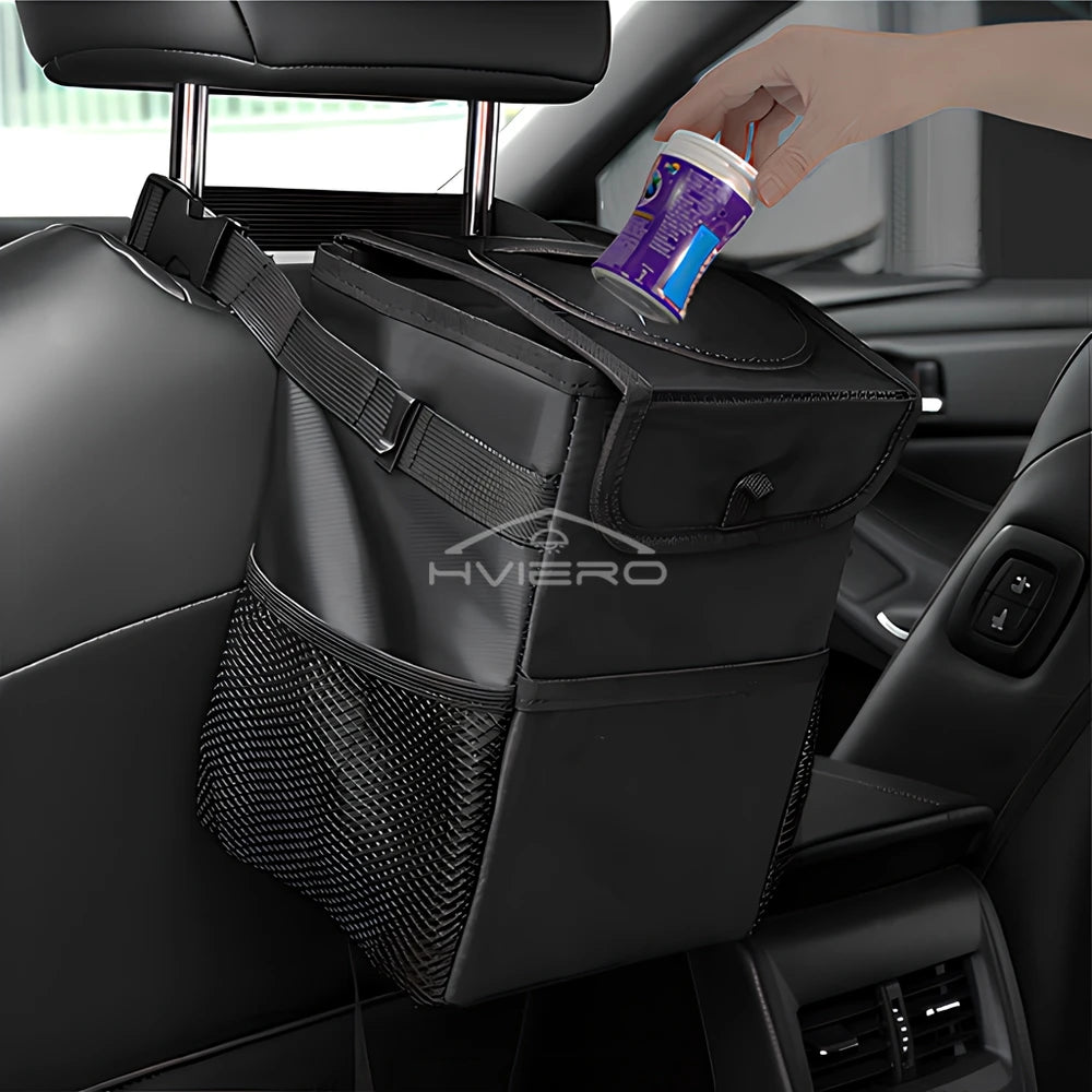 Poubelle avec Couvercle et Poches de Rangement pour Voiture, Étanche, Polyvalente, Noire, 100% Fuite