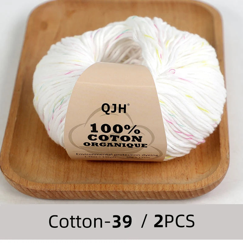 QJH Fil 100% coton biologique, fil pour tricoter, crochet et artisanat, paquet de 2 - 1,76 oz/136 mètres/1 pièce, léger, Dk