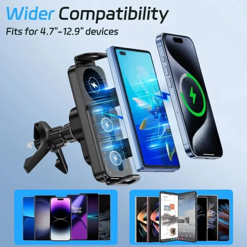 حامل شاحن سيارة لاسلكي سريع، ملف مزدوج قابل للطي لهاتف Samsung Galaxy Z Fold 6 5 4 S24 Ultra Xiaomi iPhone 16 15 14 Pro Max