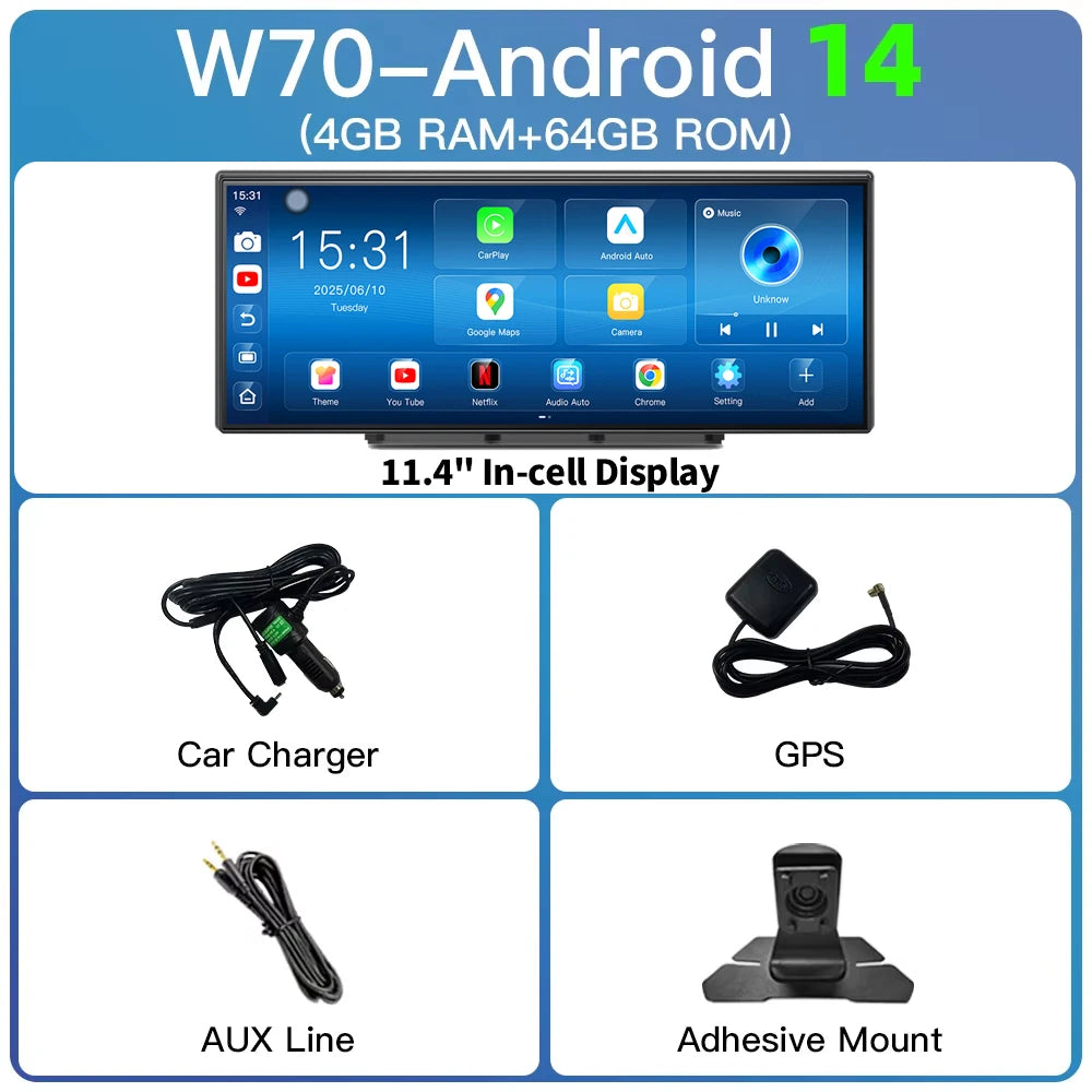 Imagebon W70 11.4 "8 Core Android 14 6 + 128G CarPlay et Android Auto Dash Cam GPS WiFi Google Play Youtube Netflix OTA mise à niveau DVR