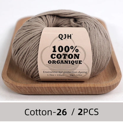 QJH Fil 100% coton biologique, fil pour tricoter, crochet et artisanat, paquet de 2 - 1,76 oz/136 mètres/1 pièce, léger, Dk