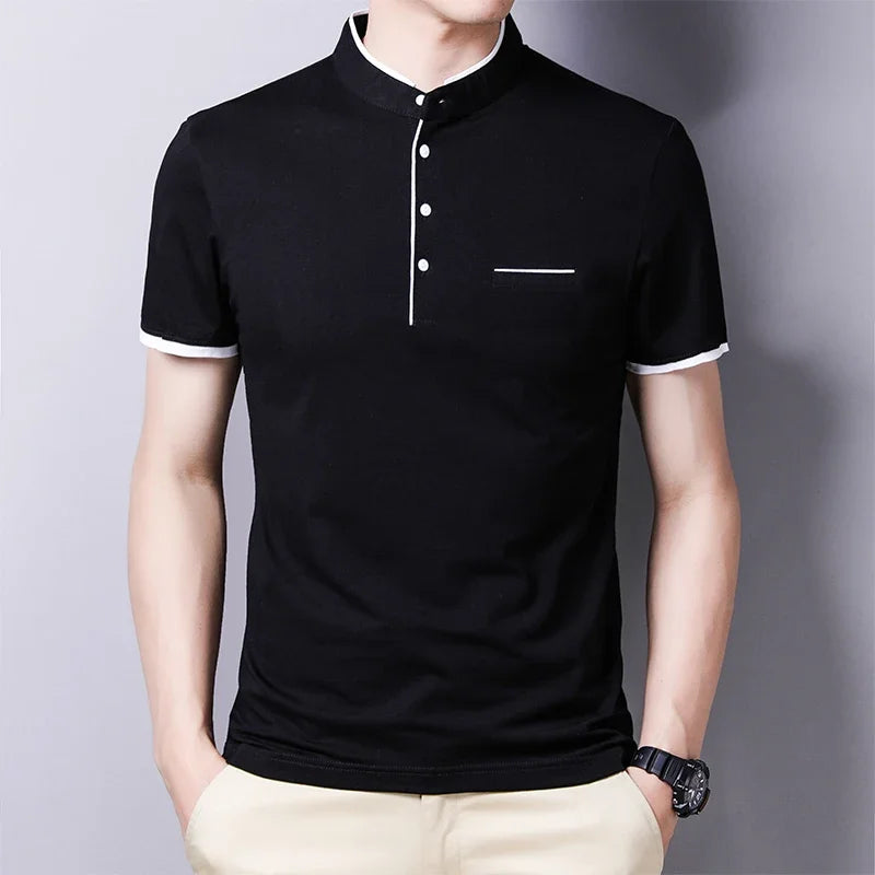 2025 nouveaux hommes décontracté et à la mode couleur unie à manches courtes col montant T-shirt été polyvalent et confortable haut