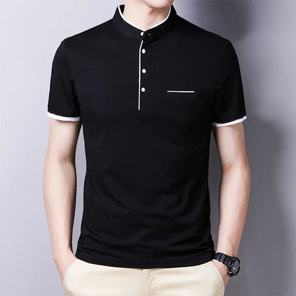 2025 nouveaux hommes décontracté et à la mode couleur unie à manches courtes col montant T-shirt été polyvalent et confortable haut
