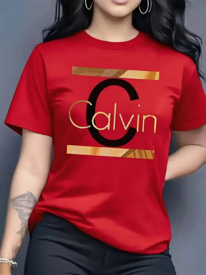Offre spéciale femmes mode d'été décontracté Calvin lettre motif imprimé col rond manches courtes vêtements de sport T-shirt y2k vêtements