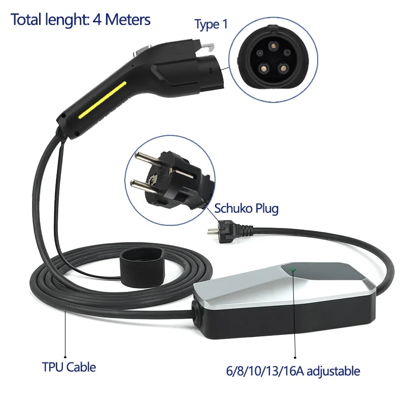 Chargeur EV Type 2 Type 1, boîtier de chargement pour voiture électrique 6A-16A, 10 mètres, 4 mètres, 1 phase, 3 phases, câble de chargement EVSE Mode 2