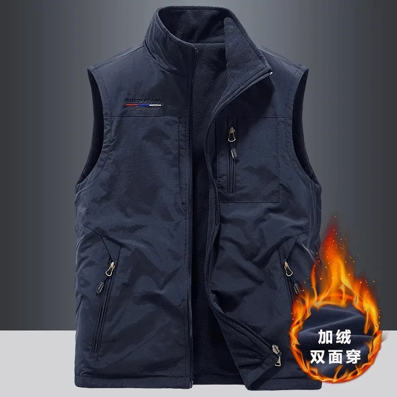 Gilet de sport d'extérieur en polaire épaisse pour homme, réversible, décontracté, coupe ample, fermeture éclair, couleur unie, automne-hiver